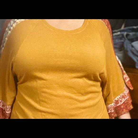 Cropped mustard yellow boho flared 3/4 sleeve autumn fall colors - Picture 1 of 15